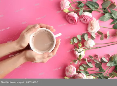 Женские руки с чашкой кофе и красивыми цветами на розовом фоне :: Стоковая  фотография :: Pixel-Shot Studio