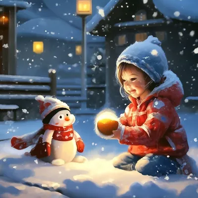 Зима дети вечер снегопад» — создано в Шедевруме