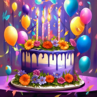 С днем рождения, торт, шарики, …» — создано в Шедевруме