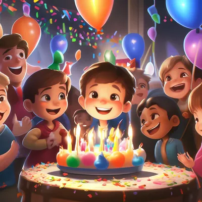 Открытка с днем рождения с воздушными шарами и тортом со свечами
