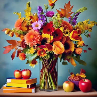 Красивая открытка с букетом цветов на День учителя