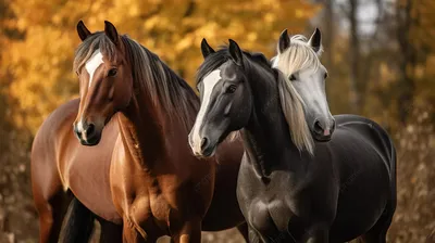 три лошади в поле осенью, разные породы лошадей с изображением фон картинки  и Фото для бесплатной загрузки
