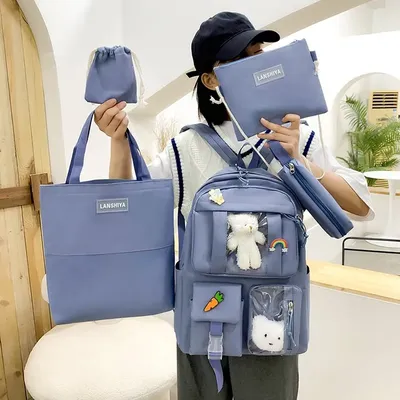 Модный женский рюкзак из 5 предметов, новый холщовый однотонный школьный  рюкзак для девочек, большие рюкзаки со множеством карманов, студенческие  сумки для книг | AliExpress