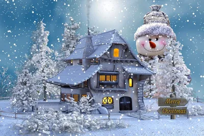 Обои на рабочий стол Снеговик стоит за домом и заснеженным деревом, (Merry  Christmas / c рождеством), автор Susan Cipriano, обои для рабочего стола,  скачать обои, обои бесплатно