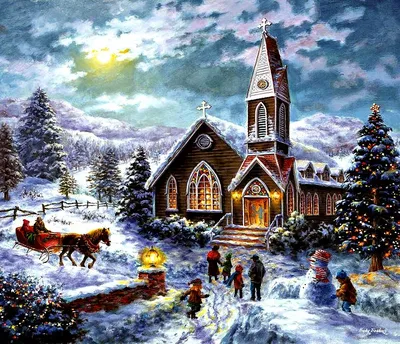 Обои на рабочий стол Дома и церковь зимой накануне Рождества. Лиса возле  елки, обои для рабочего стола, скачать обои, обои бесплатно