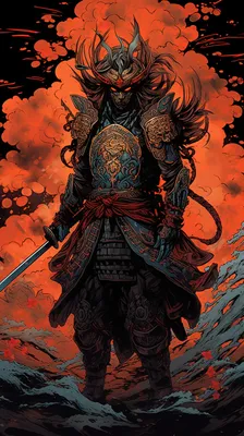 an anime oni male samurai in black and red armor. We... | OpenArt