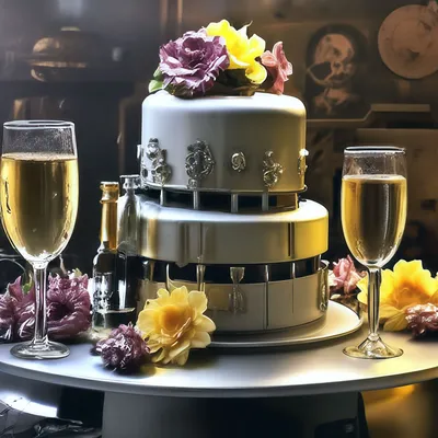 2-tiered белый торт с свежими фруктами и шоколадом стоит рядом с бутылкой  шампанского и Bokalam 2 Стоковое Изображение - изображение насчитывающей  еда, красивейшее: 109973525