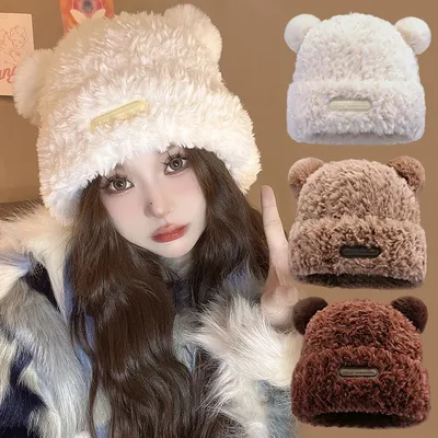 Милая мультяшная шапка с ушками медведя уличные теплые шапочки с защитой  ушей новые модные женские плюшевые вязаные зимние толстые шапки | AliExpress