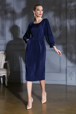 Купить атласное Платье с запахом миди (Темно-синее) с длинным рукавом в  Санкт-Петербурге в ШоуРуме платьев недорого