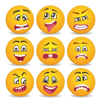 Набор символов смайликов улыбающихся лиц, выражения лиц милых желтых лиц в  сердитых, влюбленных, схожих с ума и грустных. | Премиум векторы