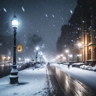 Снегопад ночью в городе» — создано в Шедевруме