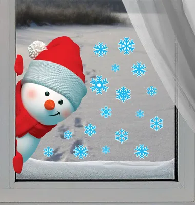 Новогодняя наклейка на стекло Снеговик и снежинки — vasilisashop.ru