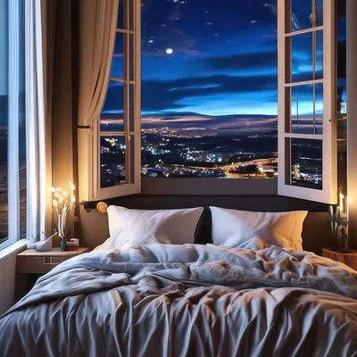 Интерьер спальни с вязаным пледом на кровати и светящимися лампами ночью ::  Стоковая фотография :: Pixel-Shot Studio