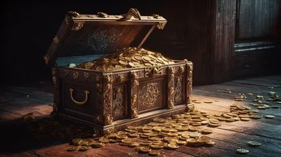 Сундук с сокровищами с золотыми монетами и листьями на нем. | Премиум Фото