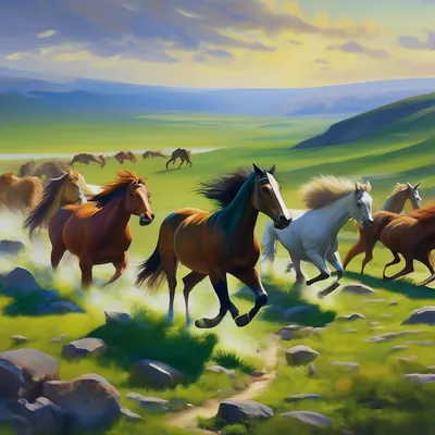Табун лошадей скачет по зелёной …» — создано в Шедевруме
