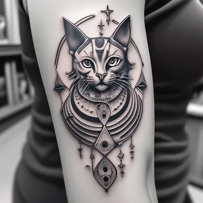 Татуировка женская графика на голени кошка 2702 | Art of Pain