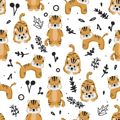 Бесшовный узор с тропическими листьями и тиграми милый мультяшный персонаж  тигренка детская иллюстрация с забавным животным для вещей дизайн украшения  комнаты печать плакат | Премиум векторы