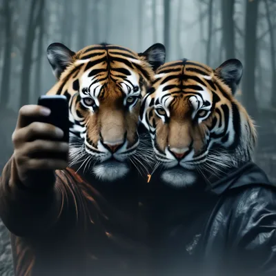 Тигры делают селфи на телефон» — создано в Шедевруме