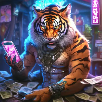 Гибрид тигр демон играет в телефон…» — создано в Шедевруме