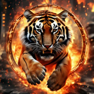 Красивый тигр прыгает через горящее …» — создано в Шедевруме