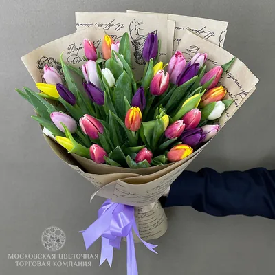 Пионовидные белые и сиреневые тюльпаны в коробке (L) до 149 тюльпанов -  купить в интернет-магазине Rosa Grand