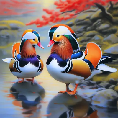 две утки мандаринки стоят в воде, картинка утки мандаринки, мандаринка,  животное фон картинки и Фото для бесплатной загрузки