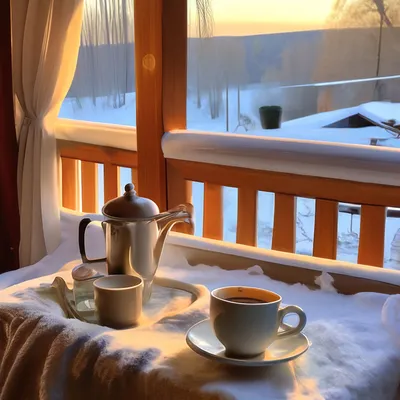 зимний утренний кофе молодая счастливая и привлекательная женщина из азии в  отеле или домашний балкон в снегу пить кофе Стоковое Фото - изображение  насчитывающей назначение, красивейшее: 216174710