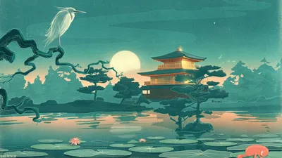 Пейзаж в японском стиле росписи с изображением дома под кронами деревьев и  на фоне гор - Япония, Индия