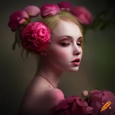 Женщина, розовая кожа, 4 глаза, зелёные длинные волосы, грибы и цветы,  темно-красный фон, большая грудь в стиле on Craiyon
