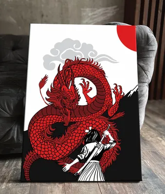 Картина на холсте интерьерная \"красный дракон китай япония китайский эскиз  драконакрасном фонеяпонском стиле\" 80x100 вертикально в детскую комнату для  детей на стену в спальню - купить по низкой цене в интернет-магазине OZON (