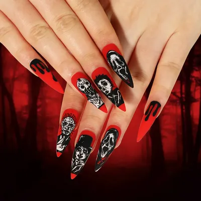 Накладные ногти на хэллоуин красного цвета, страшный призрак, Череп, паук,  печатные искусственные акриловые ногти в европейском стиле, длинные  заостренные накладные ногти | AliExpress