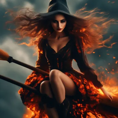 Девушка ведьма сидя летит на метле» — создано в Шедевруме