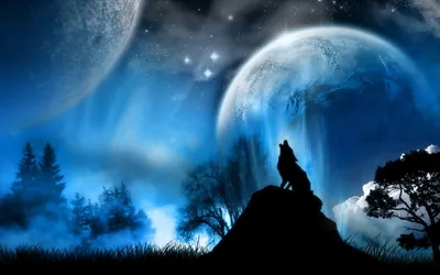 Волк воющий на луну обои. Обои волки | Пейзажи, Живописные пейзажи,  Галактическая живопись