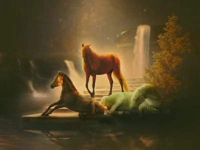 лошадь бежит через волшебный зеленый свет 3 Иллюстрация штока - иллюстрации  насчитывающей сновидение, туман: 275635557