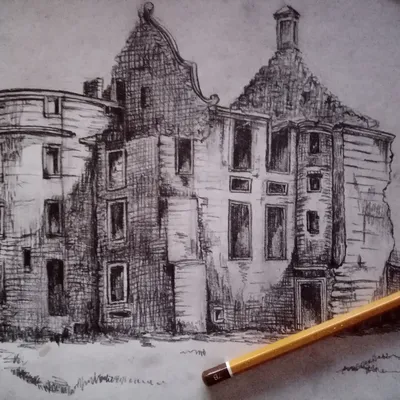 Иллюстрация Замок, разрушенный в стиле графика, скетчи |