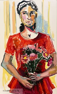 Картина Портрет женщины в красном свитере. Размеры: 45x60, Год: 2022, Цена:  30000 рублей Художник Шведова Кира Евгеньевна