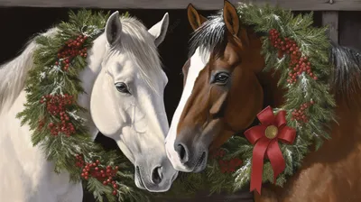 две лошади в конюшне держат венки, новогодняя картинка с лошадьми, лошадь,  животное фон картинки и Фото для бесплатной загрузки