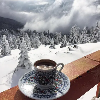 Чашка горячего кофе зимой на подоконнике. снежный вид из окна. домашний  уют. вязаный теплый шарф и веточки елки | Премиум Фото