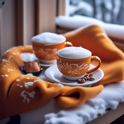Зима оранжевая чашка кофе булочка с…» — создано в Шедевруме