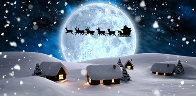Фото Олени санях Силуэт зимние Природа Дед Мороз Снег Луна Здания