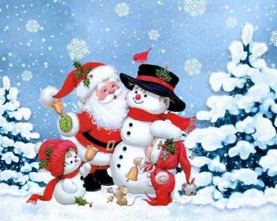 Картинки новый год, дед мороз, елка, зима, снег, снеговик - обои 1280x1024,  картинка №77490