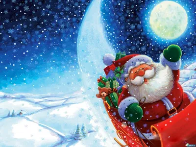 Обои на рабочий стол Луна. Зима. Новый Год. Санта на санях с подарками  летает над снежными просторами, обои для рабочего стола, скачать обои, обои  бесплатно