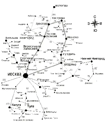 Золотое кольцо России - карта с расстояниями между городами (схема)