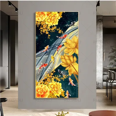 Фэн-шуй с изображением золотой рыбы кои, карпа, лотоса, Картина на холсте,  настенное искусство для гостиной, Современная галерея, интерьер, украшение  для дома | AliExpress