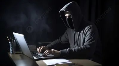 Хакер с лупой за компьютером :: Стоковая фотография :: Pixel-Shot Studio