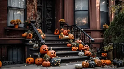 Хеллоуинские тыквы на ступеньках нью йоркского дома, хэллоуин украшения  картина, Хэллоуин, тыква фон картинки и Фото для бесплатной загрузки
