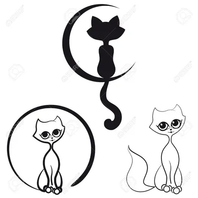Обои на рабочий стол Белый контур кошки и месяца на черном фоне, обои для  рабочего стола, скачать обои, обои бесплатно