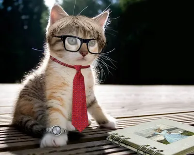 Обои на рабочий стол Кошка в очках, галстуке и при часах смотрит альбом с  фотографиями, обои для рабочего стола, скачать обои, обои бесплатно