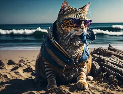 Кота в солнцезащитных очках, расслабляющих на фоне моря. Красная кошка ест  мороженое . стоковое фото ©RasulovS 111088420