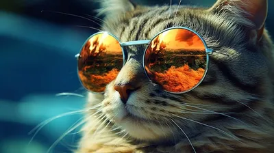 Кот в солнечных очках с отражением заката в очках. | Премиум Фото